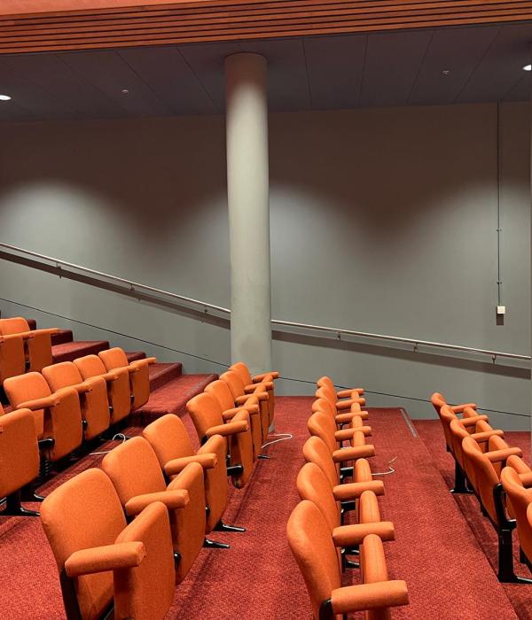 A tiered auditorium at the National Portrait Gallery with contract carpet to the treads and floor, fitted by CWC Flooring